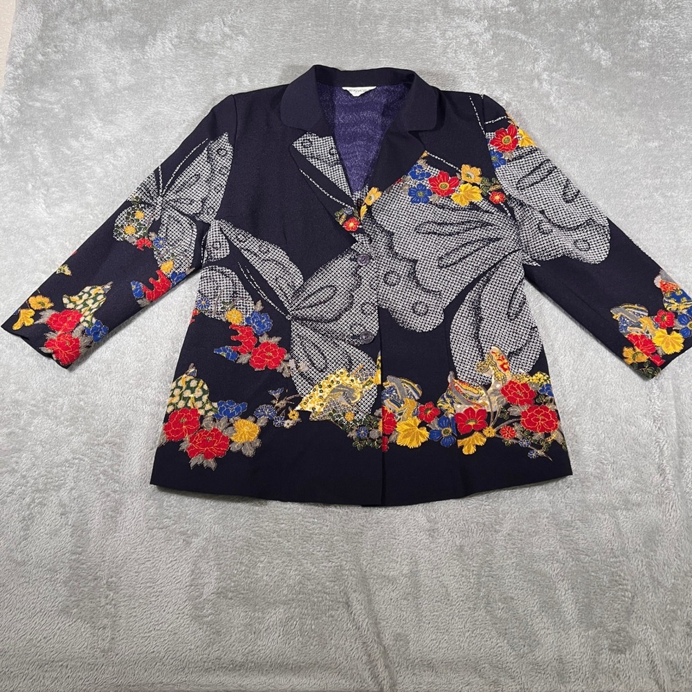 VINTAGE Romankan Kimono Blazer Women Large Black Japan Butterfly Floral Formal
